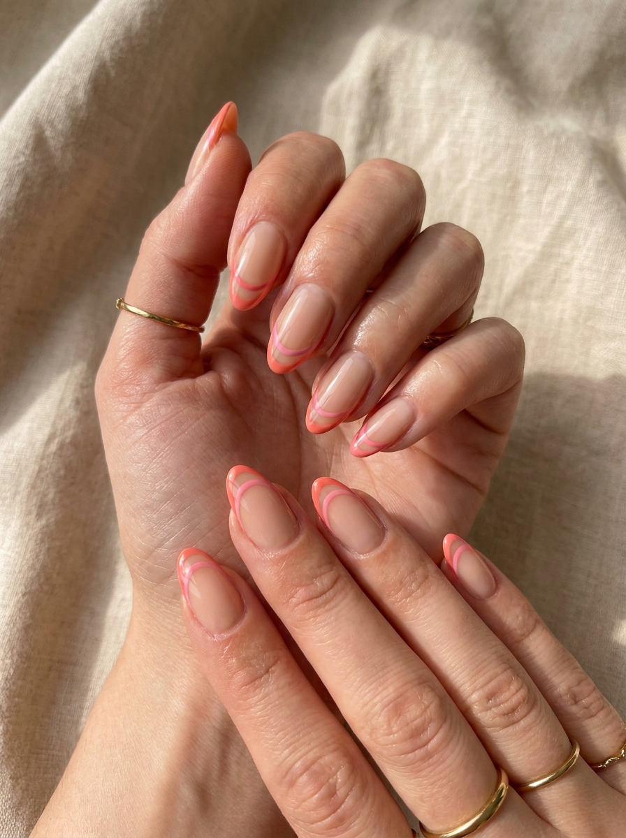 Coral and Pink Double French mit korallfarbenen und pinken Linien